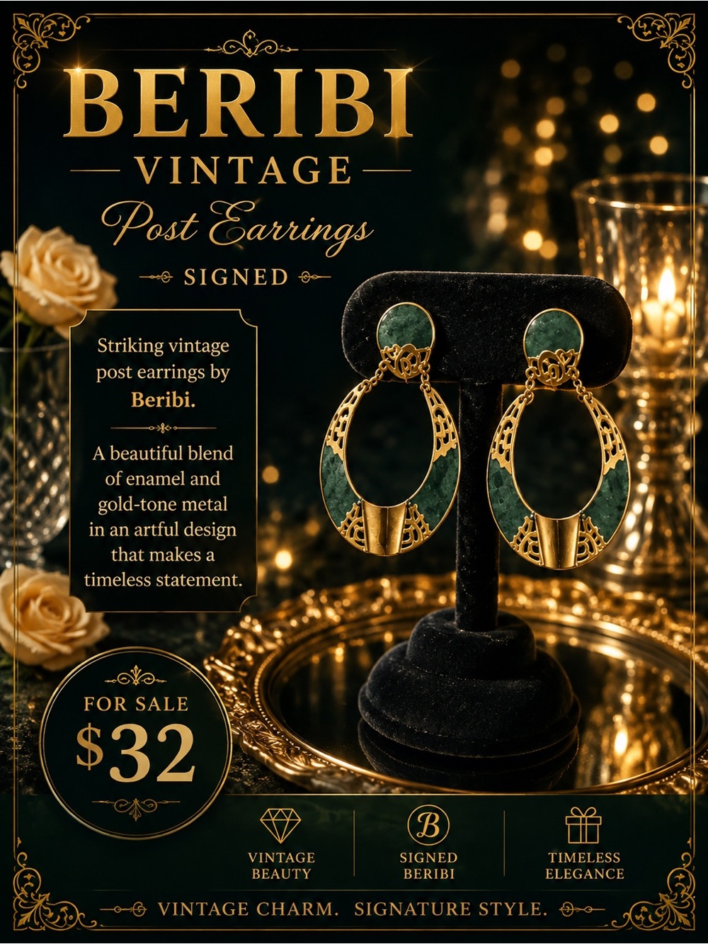 Beribi Vintage Gold-Tone and Green Enamel Hoop Post Earrings